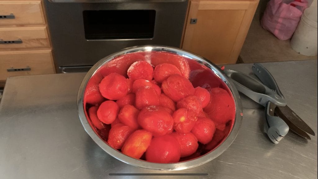 Bowl of cored and peeled tomatoes
