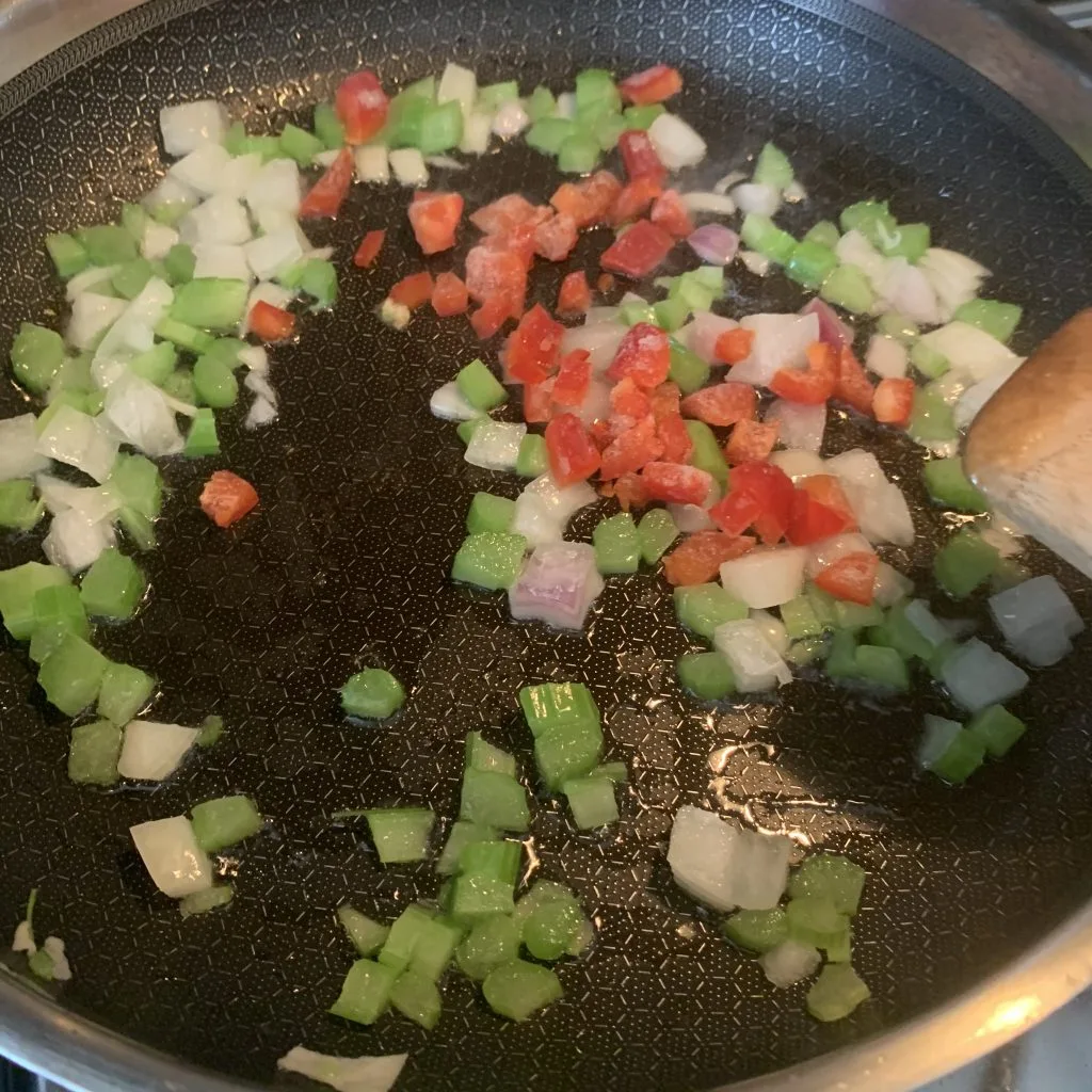 started the stir fry dish with onions celery ad red pepper