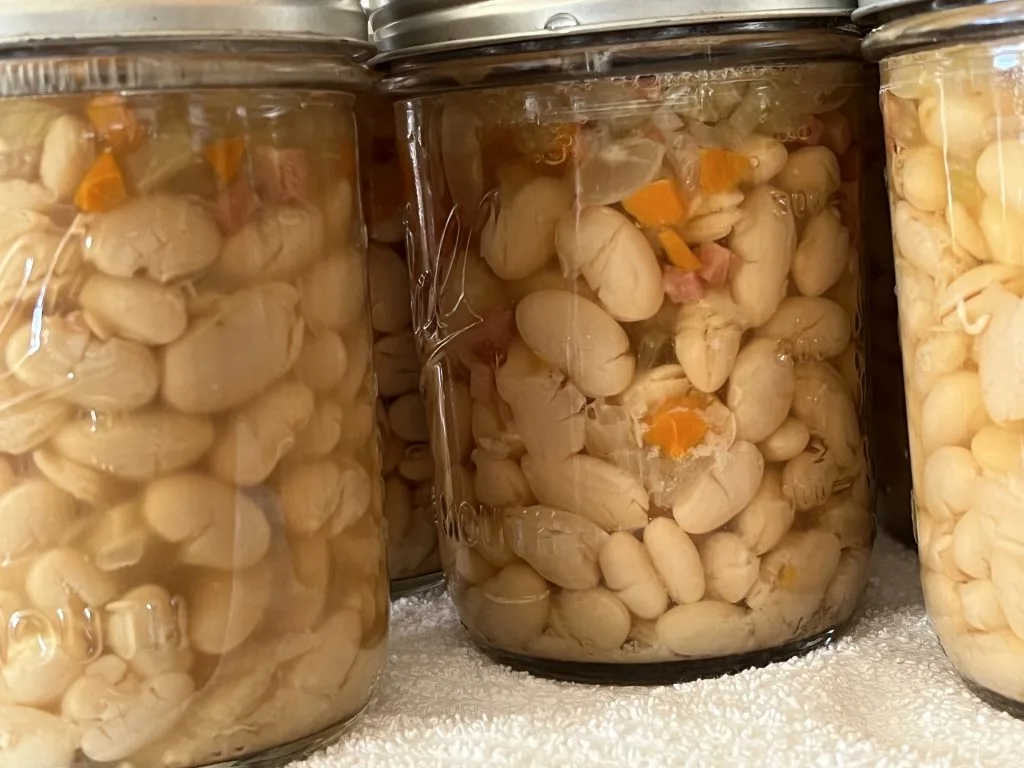 close up of pressure canned ham and bean soup