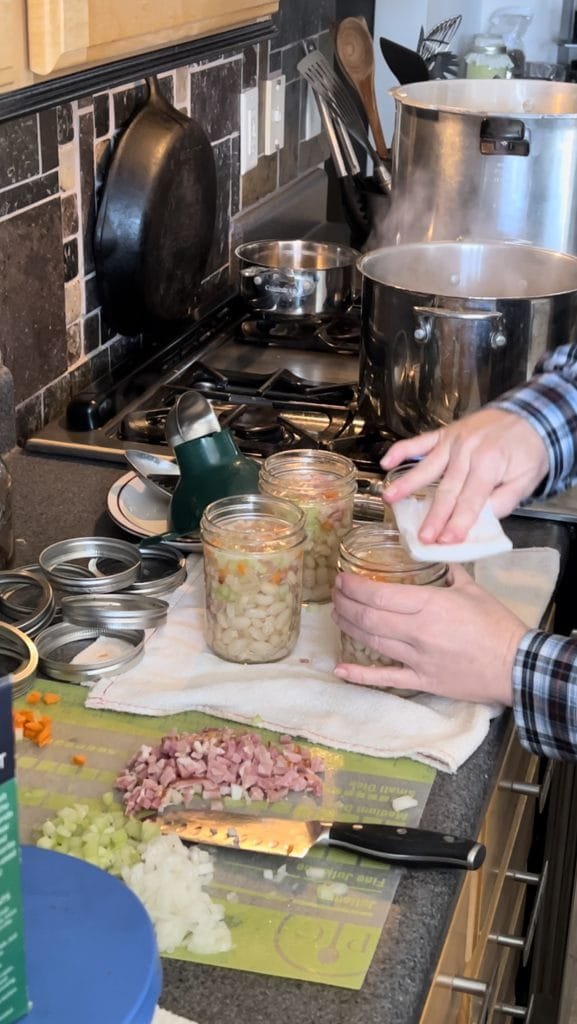canning ham and bean soup, wipe the rim