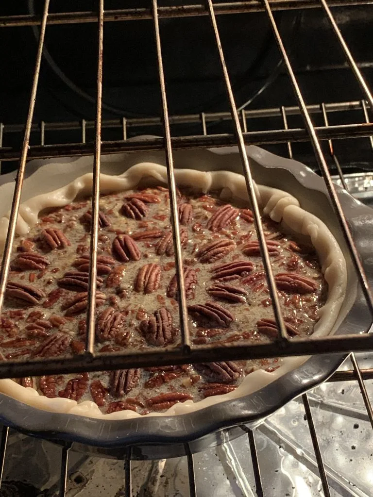 Pecan pie in oven