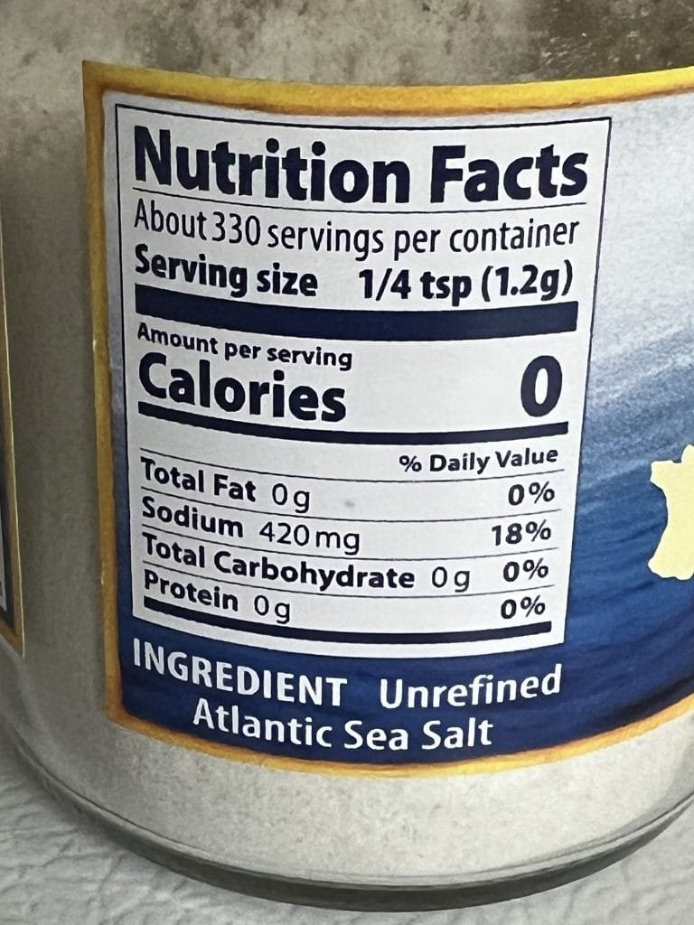 Celtic Salt Nutrition Label